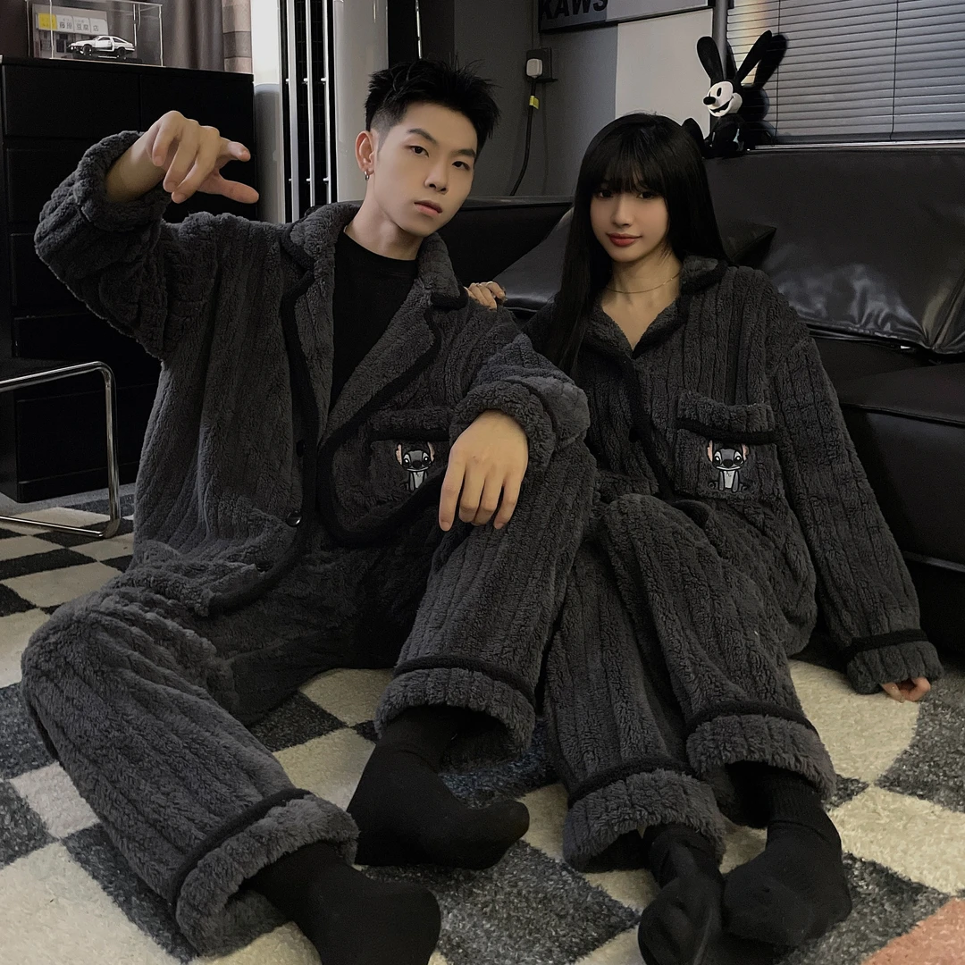 情侣睡衣女秋冬季加厚加绒珊瑚绒男士卡通法兰绒家居服保暖套装
