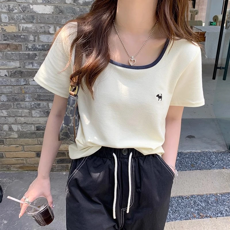 正肩短袖t恤女2024新款爆款夏季白色设计感小众法式方领半袖上衣