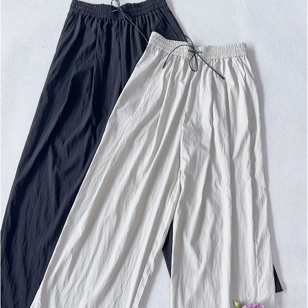 超薄款松紧腰休闲奶皮裤双褶设计脚口可束脚有调节扣垂感直筒裤