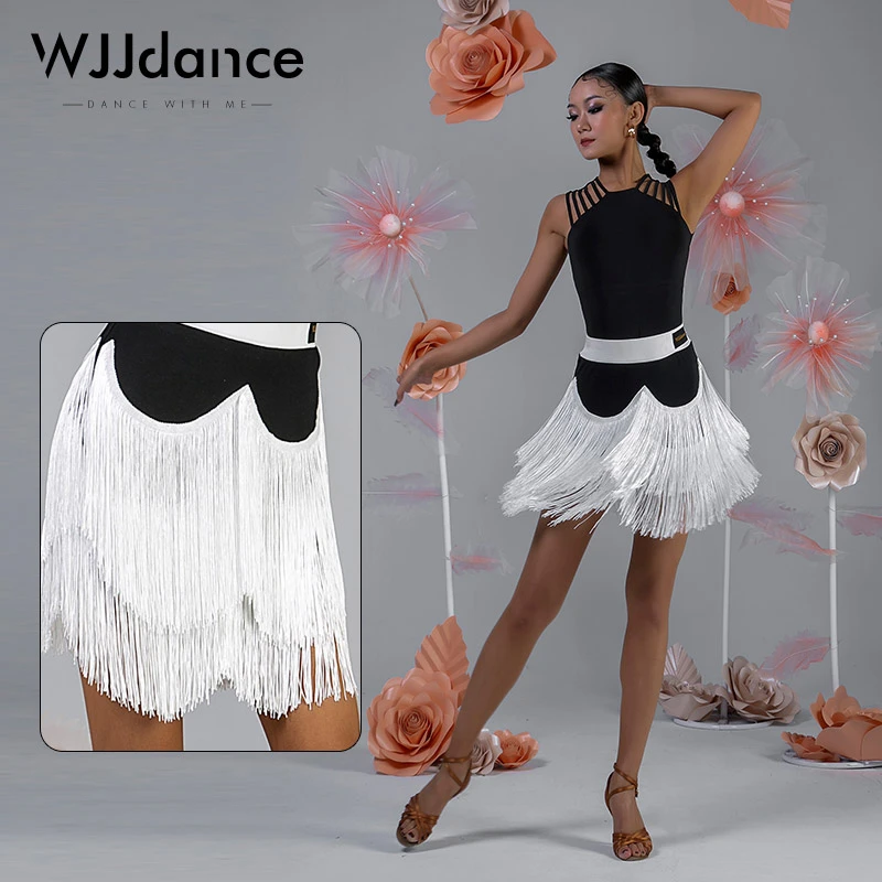 WJJdance拉丁舞半身裙新款女成人拼接流苏两侧开叉国标练功服短裙