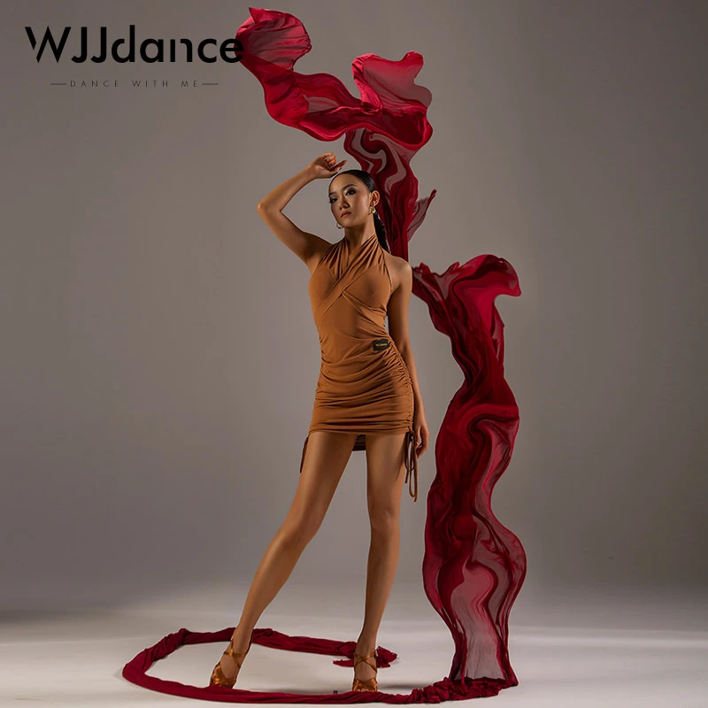 WJJdance拉丁舞连衣裙女成人2025新款挂脖露背两侧抽绳国标练功服