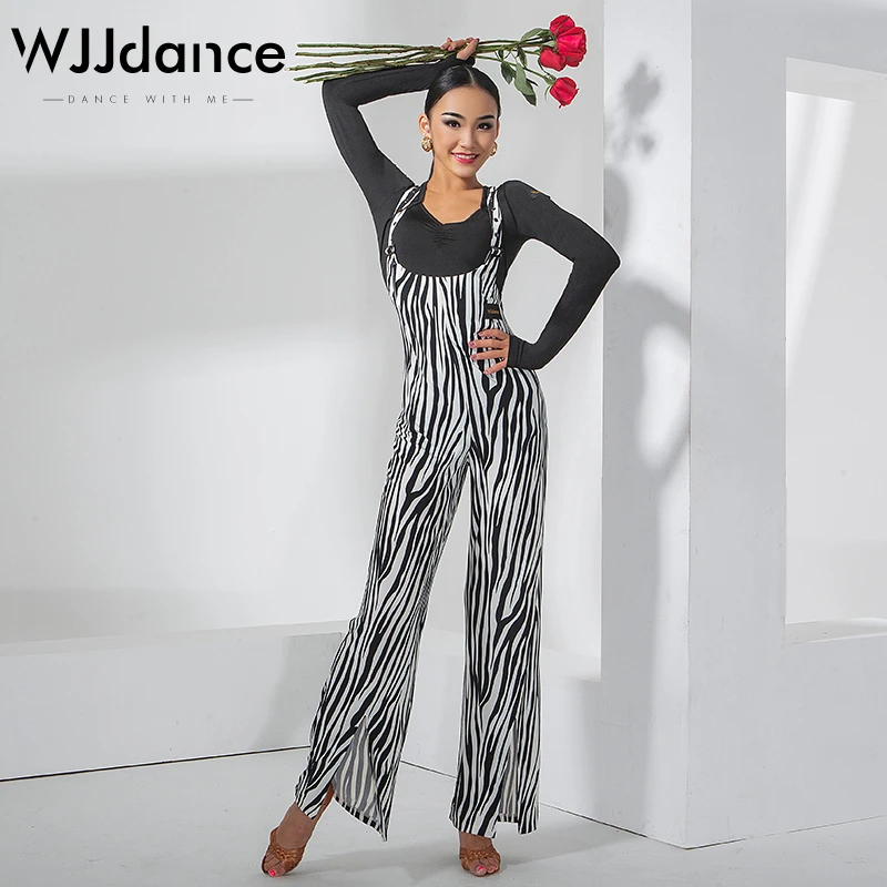 WJJdance拉丁舞裤子女新款高腰双肩可拆卸开叉背带长裤国标练功服