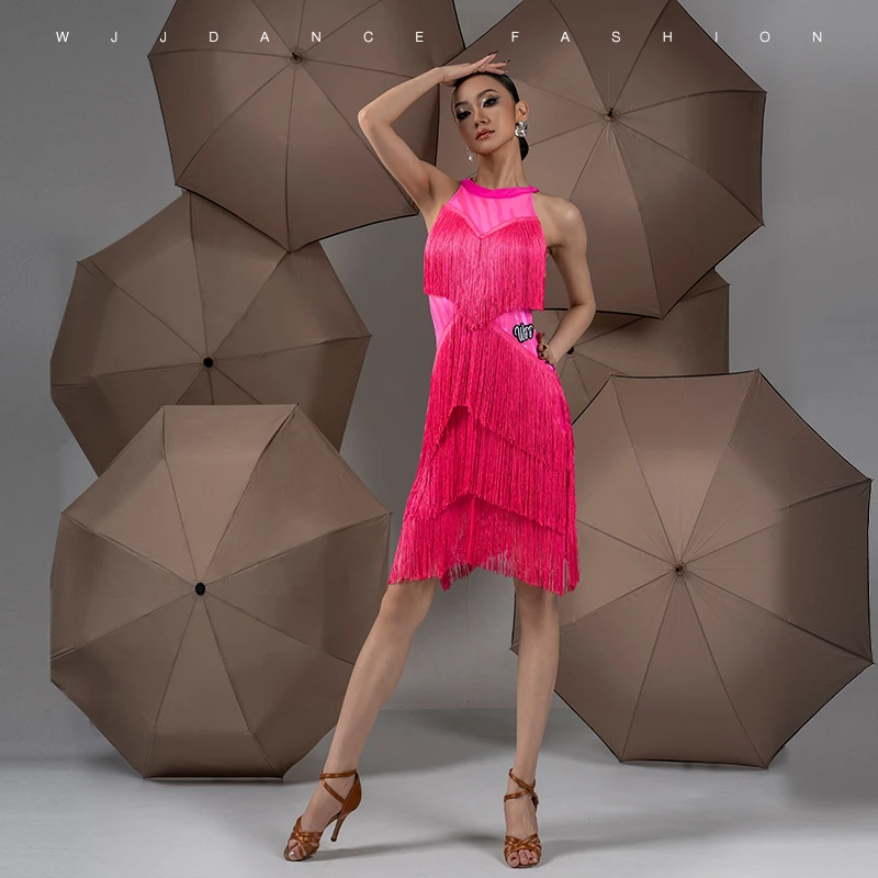WJJdance拉丁舞连衣裙女2025新款挂脖露背多层流苏演出比赛服花服