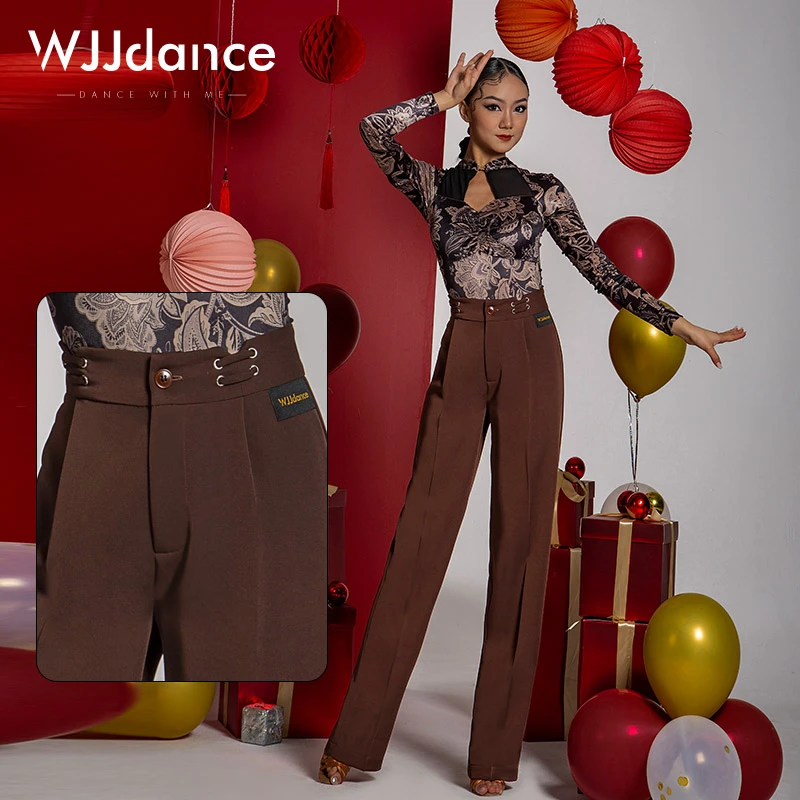WJJdance拉丁舞裤子女2025新款高腰V字穿绳国标摩登长裤练功服