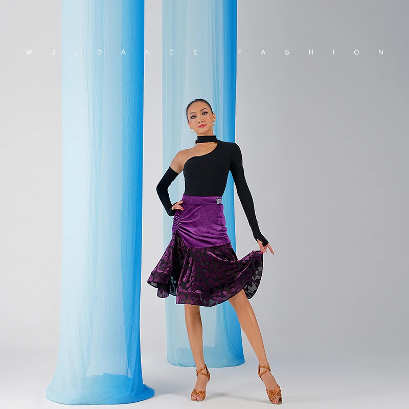 WJJdance拉丁舞半身裙女2025新款侧抽褶鱼骨荷叶边国标短裙练功服