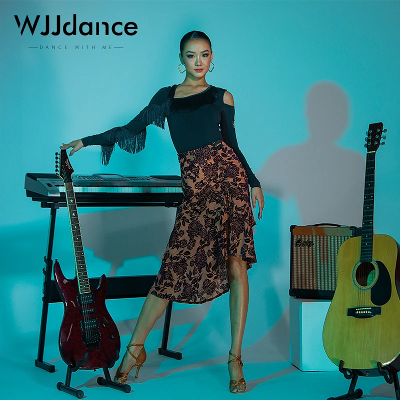 WJJdance拉丁舞半身裙女新款丝绒抽褶系带荷叶边国标短裙子练功服