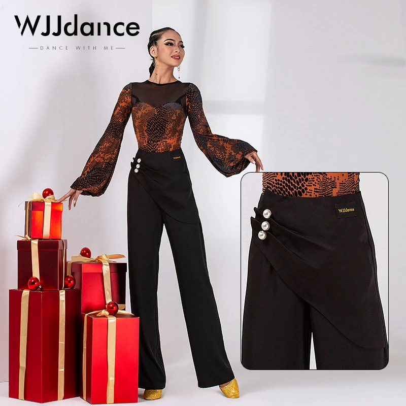 WJJdance摩登舞裤子女2024新款厚高腰三粒珍珠国标交谊长裤练功服