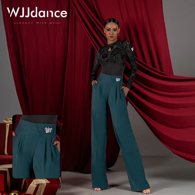 WJJdance国标舞裤子女2025新款不规则拼接高腰拉丁摩登长裤练功服
