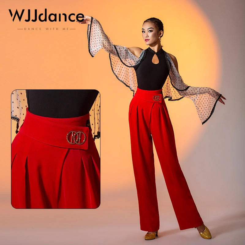 WJJdance摩登舞裤子女2025新款高腰节错位国标交谊长裤练功服专业