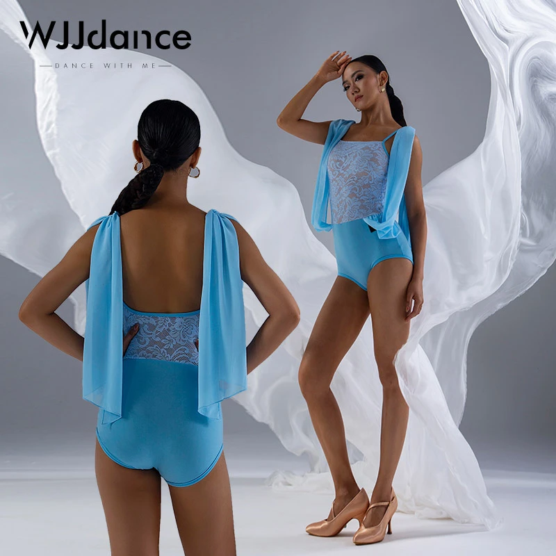 WJJdance摩登舞连体上衣新款女吊带肩部雪纺飘带国标交谊练功服夏