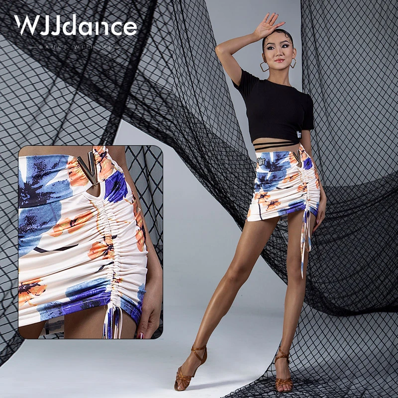 WJJdance拉丁舞短裙女2025新款腰头V字金属扣侧抽绳国标半身裙夏