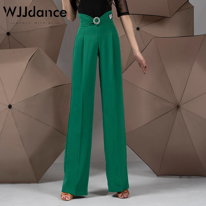 WJJdance国标舞裤子女2025新款弧型高腰金属带钻圆扣摩登交谊长裤