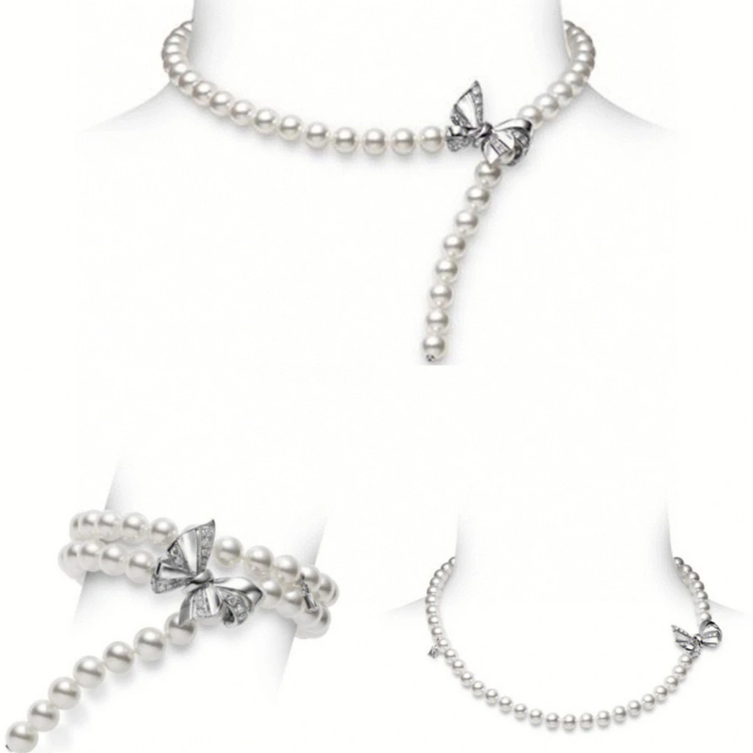 合金贝珠项链 明星同款公主风海贝珠蝴蝶结项链8mm卡扣经典气质