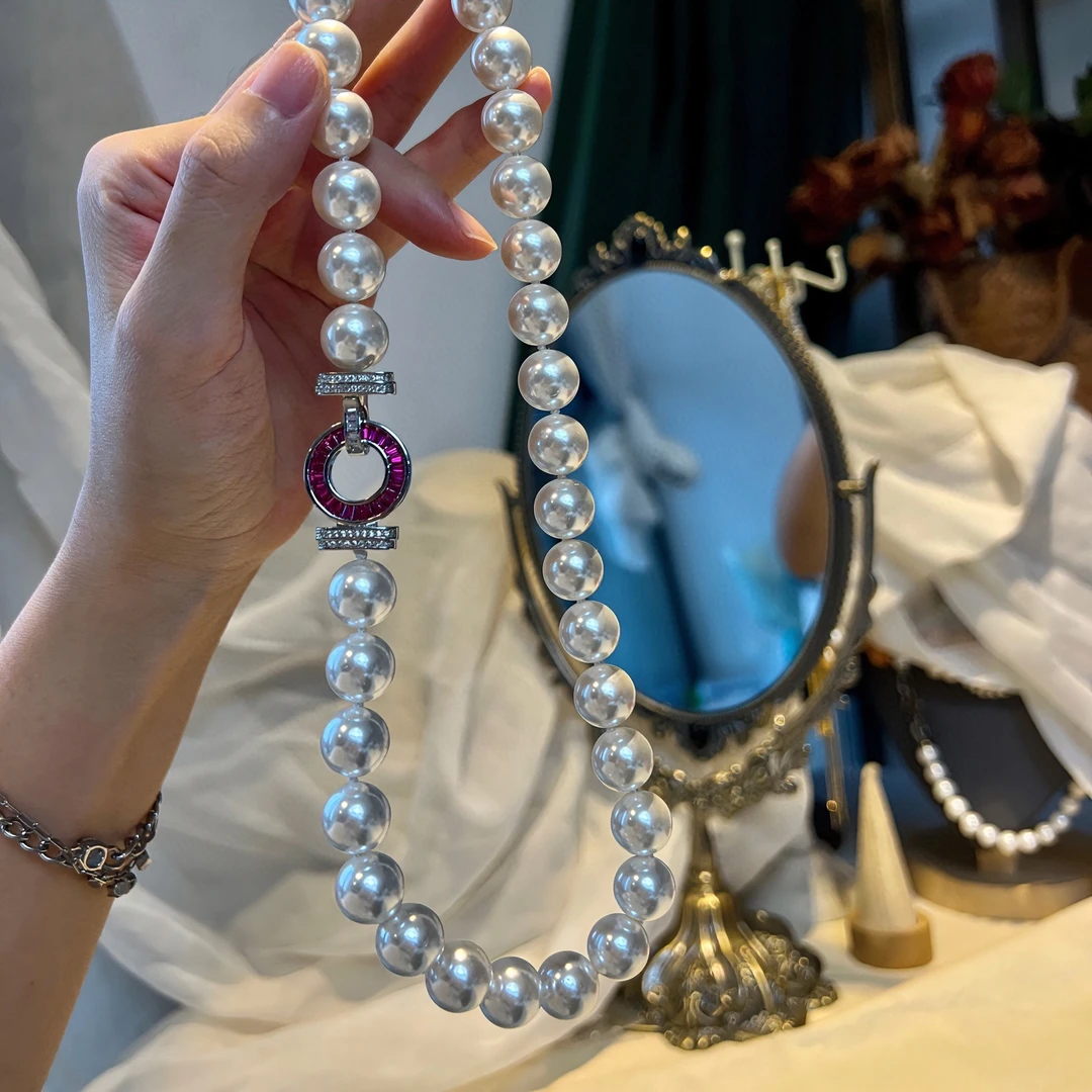 合金贝珠项链 法式轻奢时尚优雅12mm天然深海贝珠项链婚礼宴会