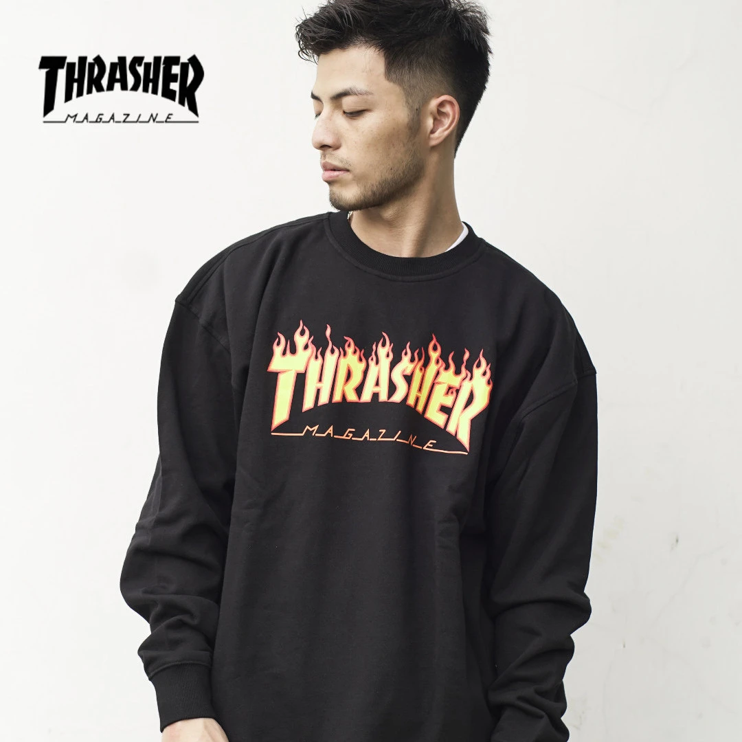 THRASHER日版经典火焰LOGO印花圆领加绒卫衣情侣穿搭潮流OVERSIZE