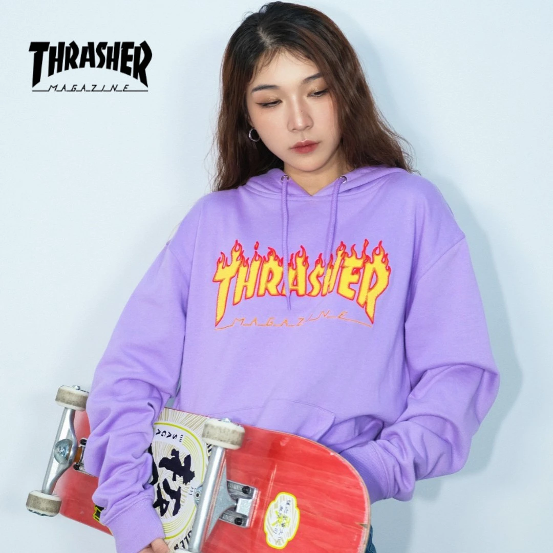 THRASHER日版植绒刺绣火焰LOGO连帽加绒卫衣秋冬情侣百搭潮牌帽衫
