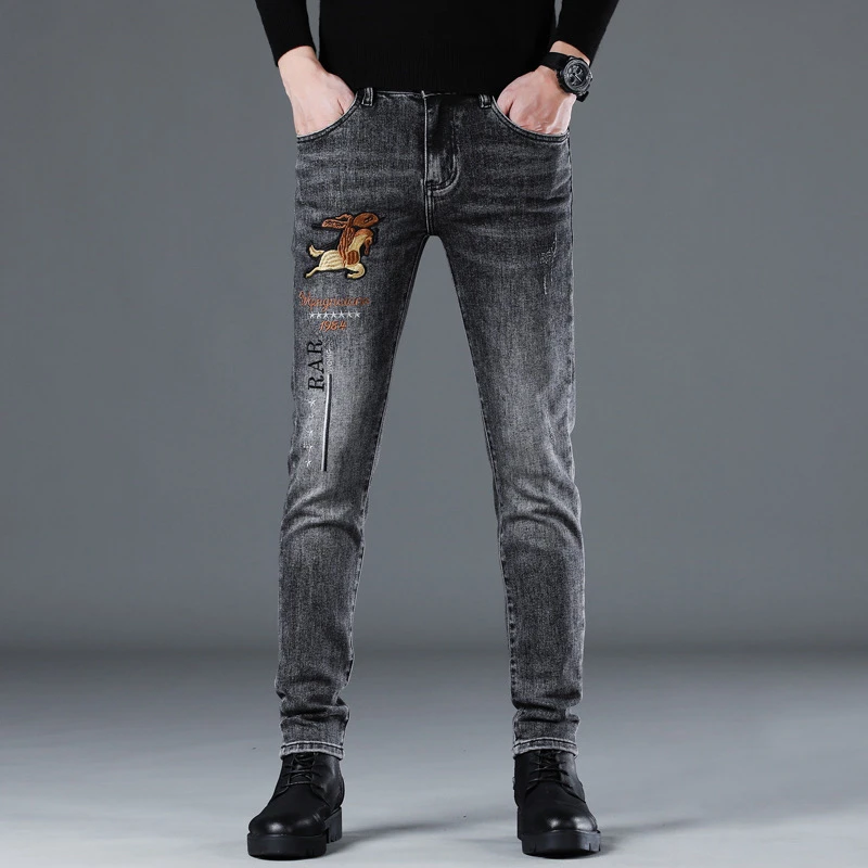 秋冬款黑灰色牛仔裤修身小脚裤弹力百搭潮流男裤子