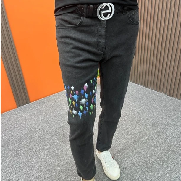 秋冬款深烟灰色九分牛仔裤修身小脚裤男士时尚弹力百搭印花裤子厚