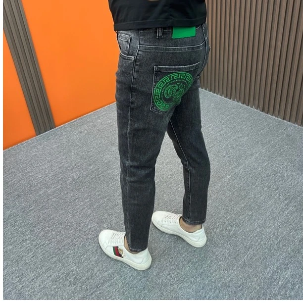秋冬新款高端修身九分裤黑灰色九分裤弹力时尚百搭潮男印花裤子