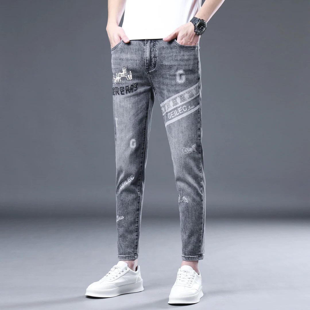 春夏新款九分牛仔裤灰色修身小脚牛仔裤韩版潮流男士休闲九分裤