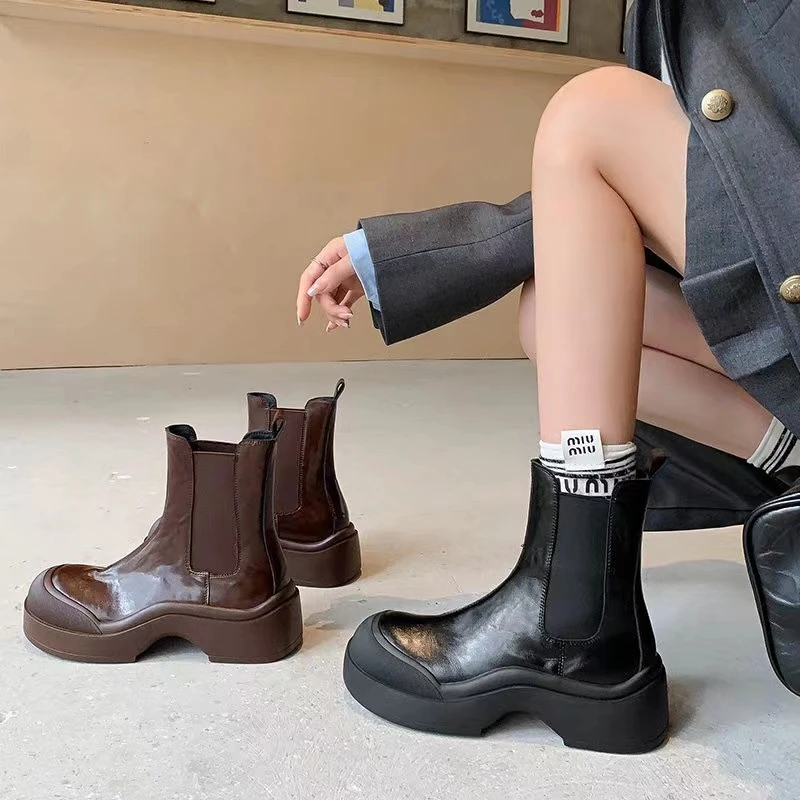 【清欢反季清仓】厚底大头秋冬真皮增高短靴