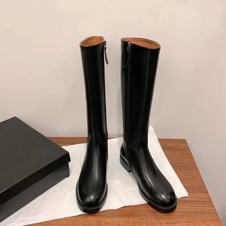 【清欢反季清仓】秋冬款圆头极简百搭真皮长靴