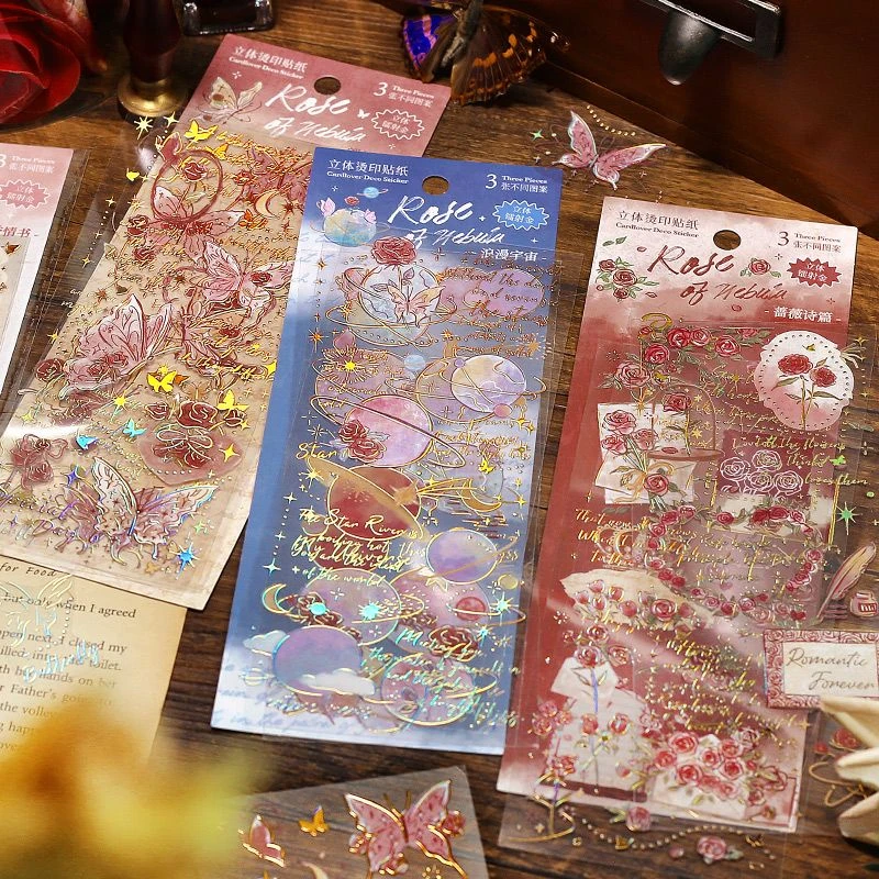 星河玫瑰浪漫情书PET立体烫金产品贴纸复古蝴蝶玫瑰手账材质品牌