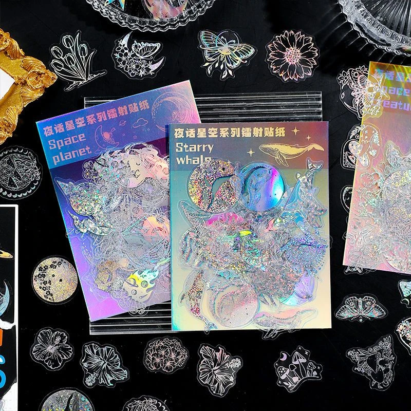 夜话星空PET贴纸 镭射炫彩韩系太空咕卡素材防水装饰DIY创意贴画