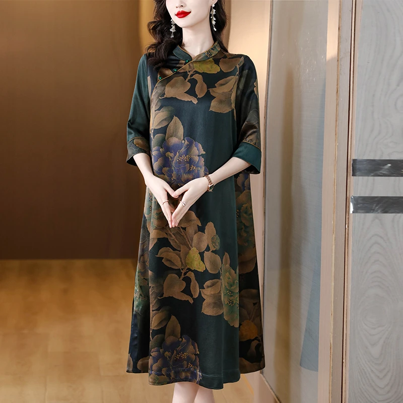 新中式复古印花连衣裙女春夏新款阔太太长裙