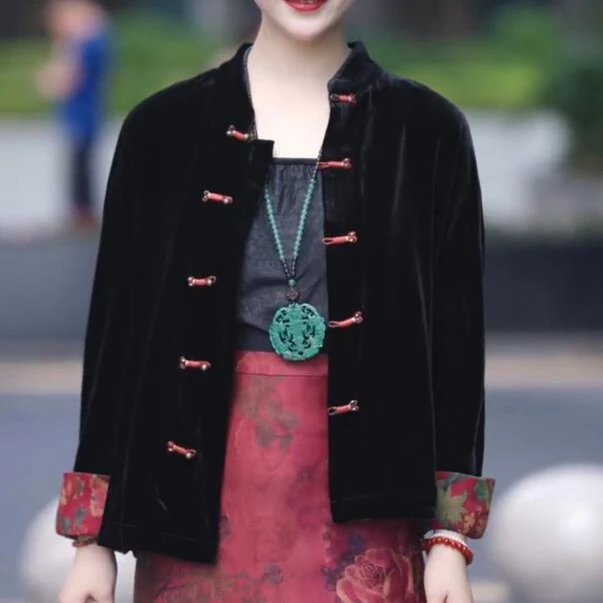中式金丝绒盘扣短外套女2022秋季新款时尚气质单排扣长袖丝绒上衣
