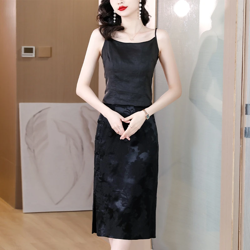 龟纹吊带背心女内搭修身显瘦打底上衣提花缎面半裙套装