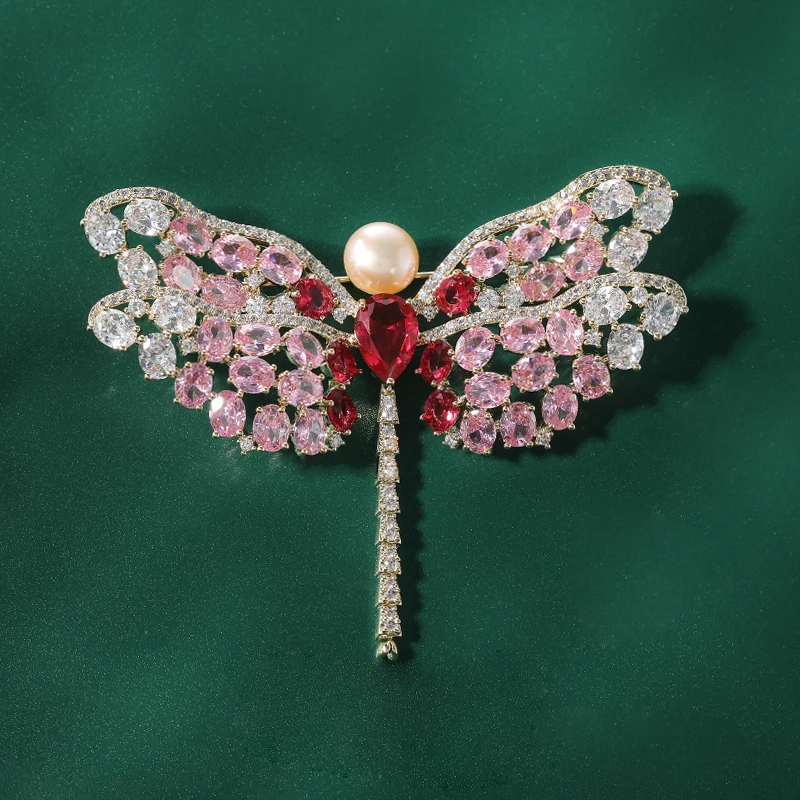 铜锆石胸针 蜻蜓胸针动物胸花女饰品红色轻奢时尚重工首饰 6052