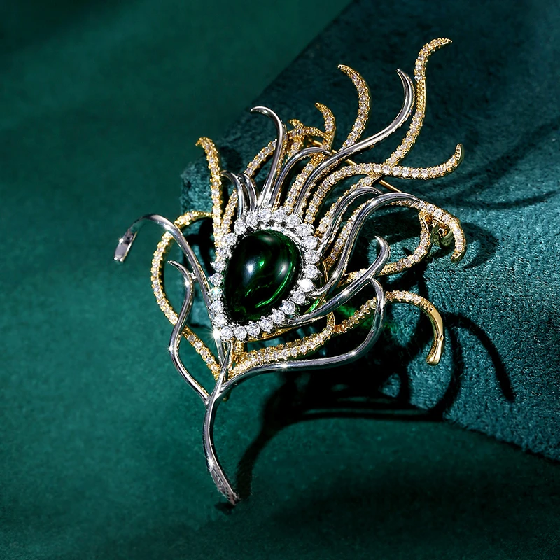 铜锆石胸针 优雅百搭时尚轻奢孔雀翎羽毛胸针5184