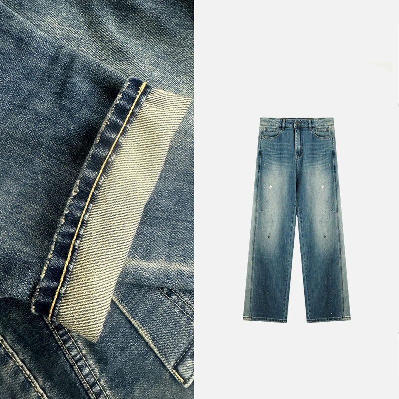 【KK】2024 四季新款满天星十字烫钻复古简约风牛仔裤K5001