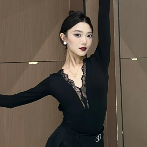 SC艺鑫拉丁舞服洋气新款长袖上衣黑色露背V领跳舞练功服女士