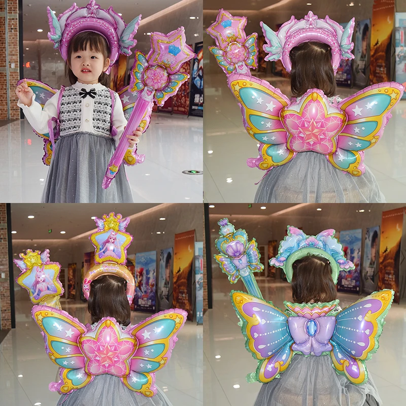 六一儿童节巴啦啦小魔仙蝴蝶翅膀气球卡通魔法棒女孩生日装饰摆摊