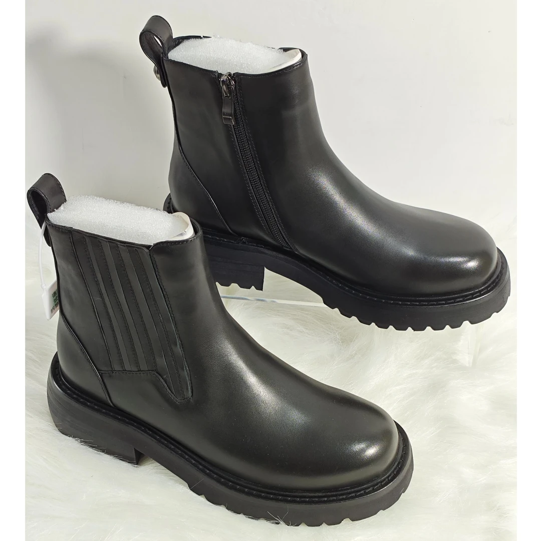 厚平底短靴小牛皮圆头短靴A070