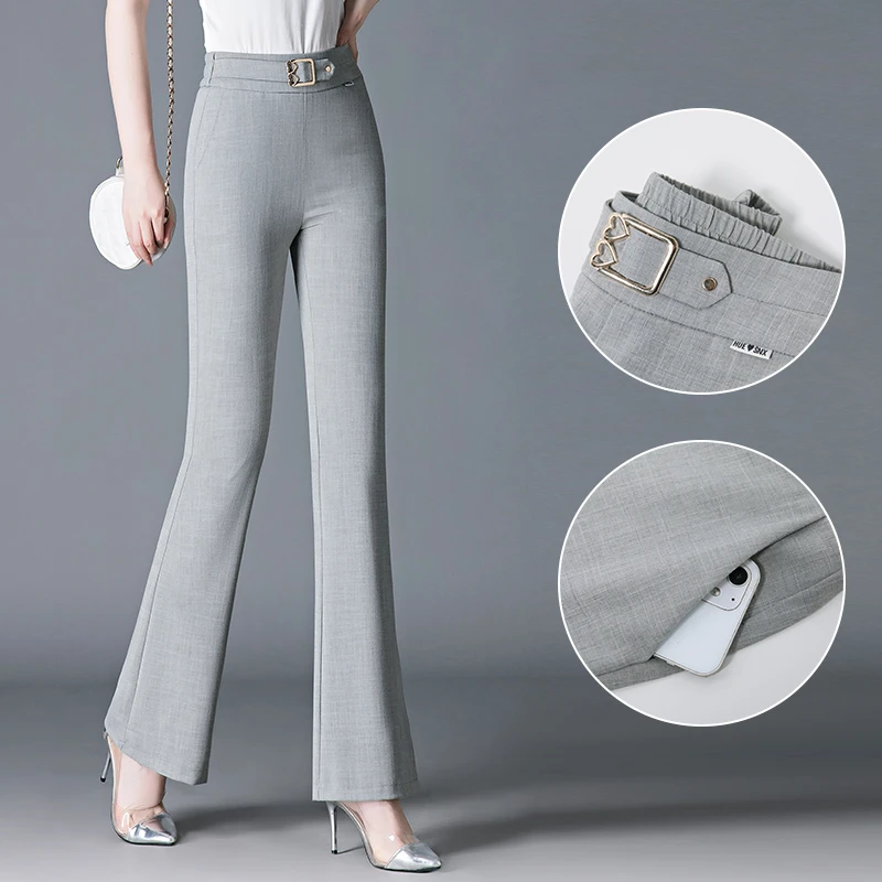 2024新款冰丝麻料高腰微喇女裤显瘦显高透气轻薄百搭微喇裤