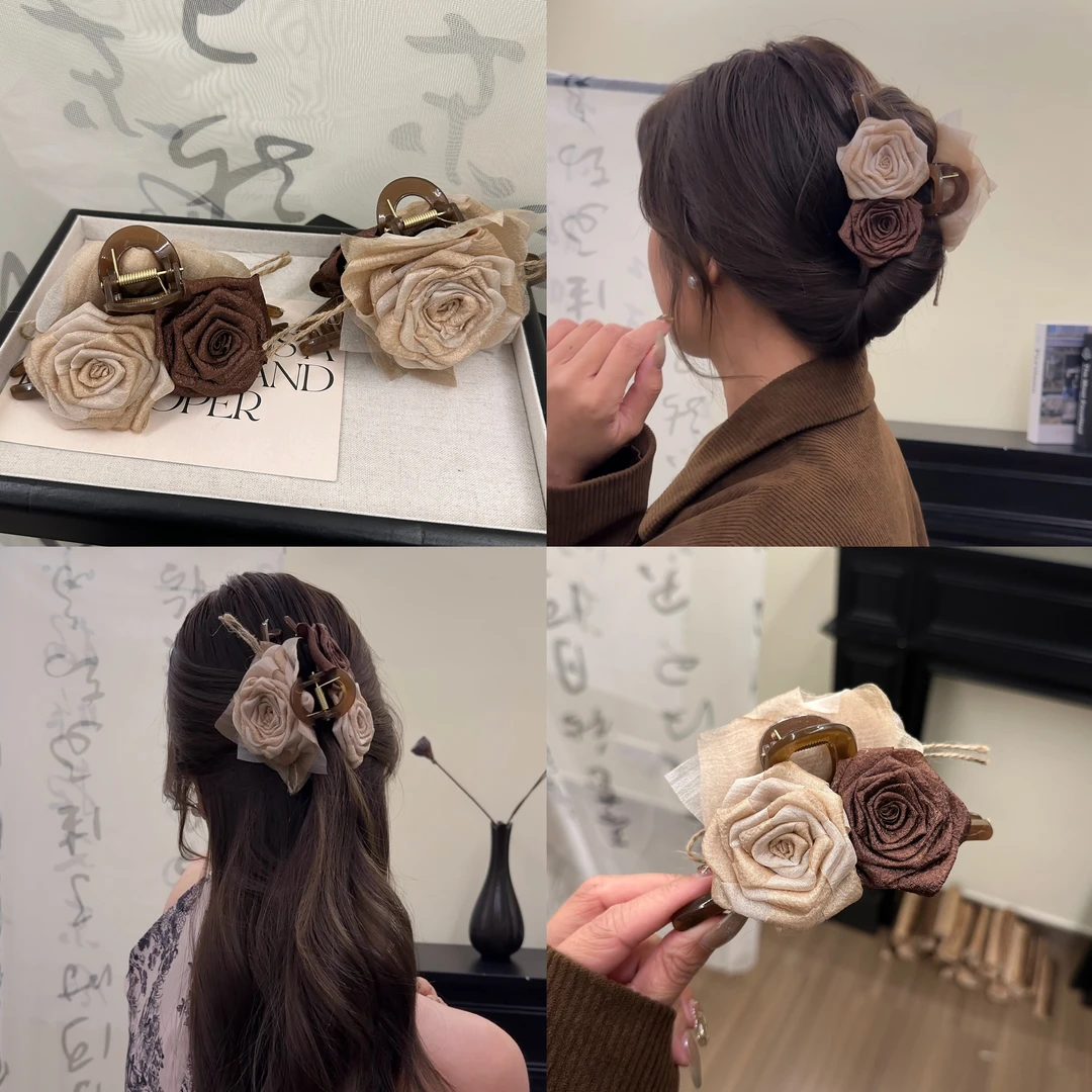 干枯玫瑰花朵美拉德风大抓夹复古简约小香风发夹鲨鱼夹高级感发饰