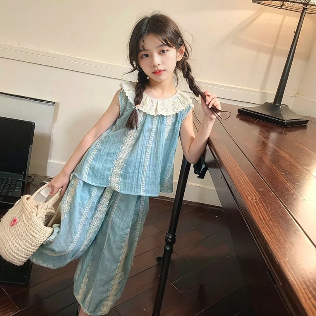 女童洋气阔腿裤套装夏季新款儿童娃娃领上衣灯笼裤宝宝宽松两件套