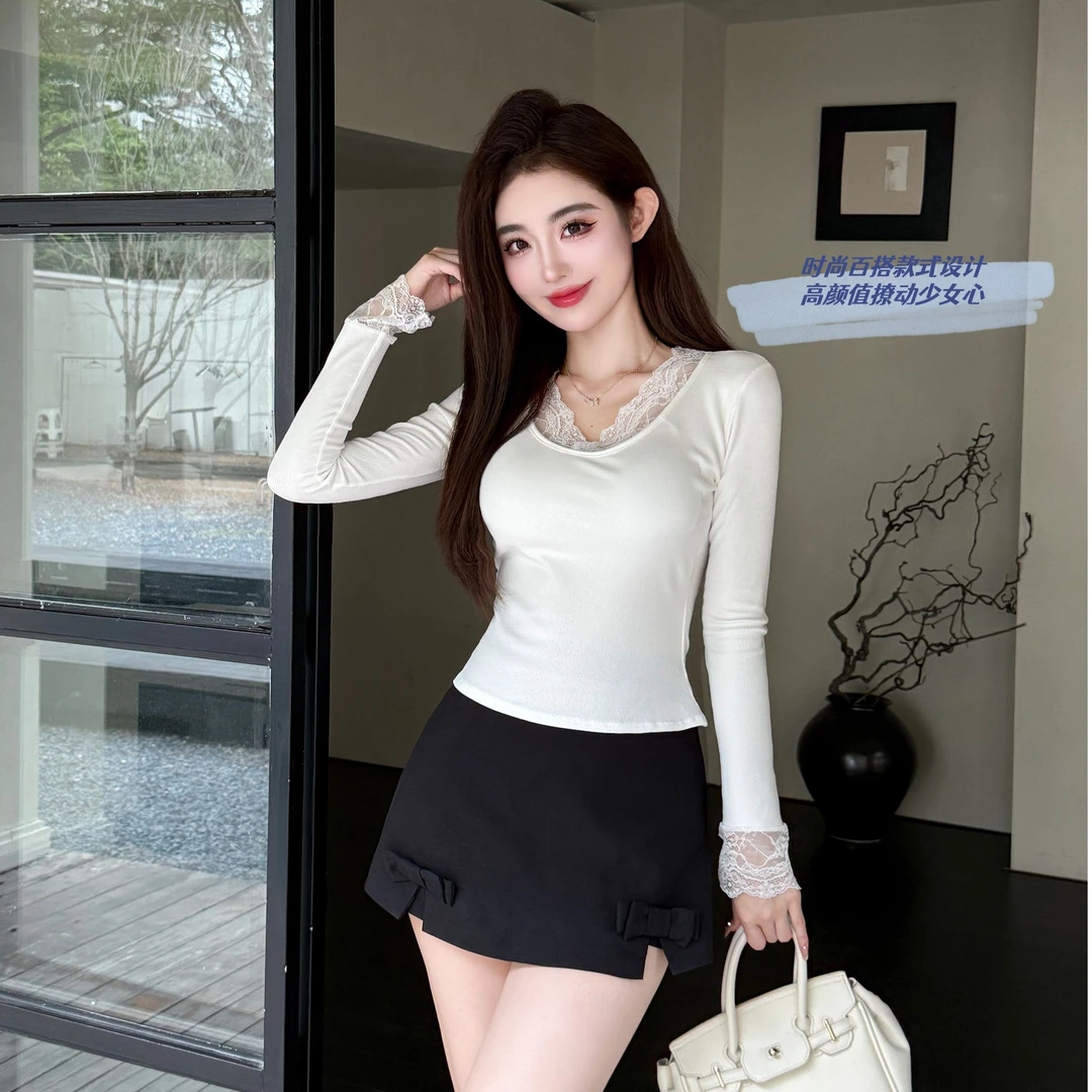 秋冬蕾丝打底衫磨毛加绒内搭保暖内衣V领一体胸垫外穿秋衣上衣女