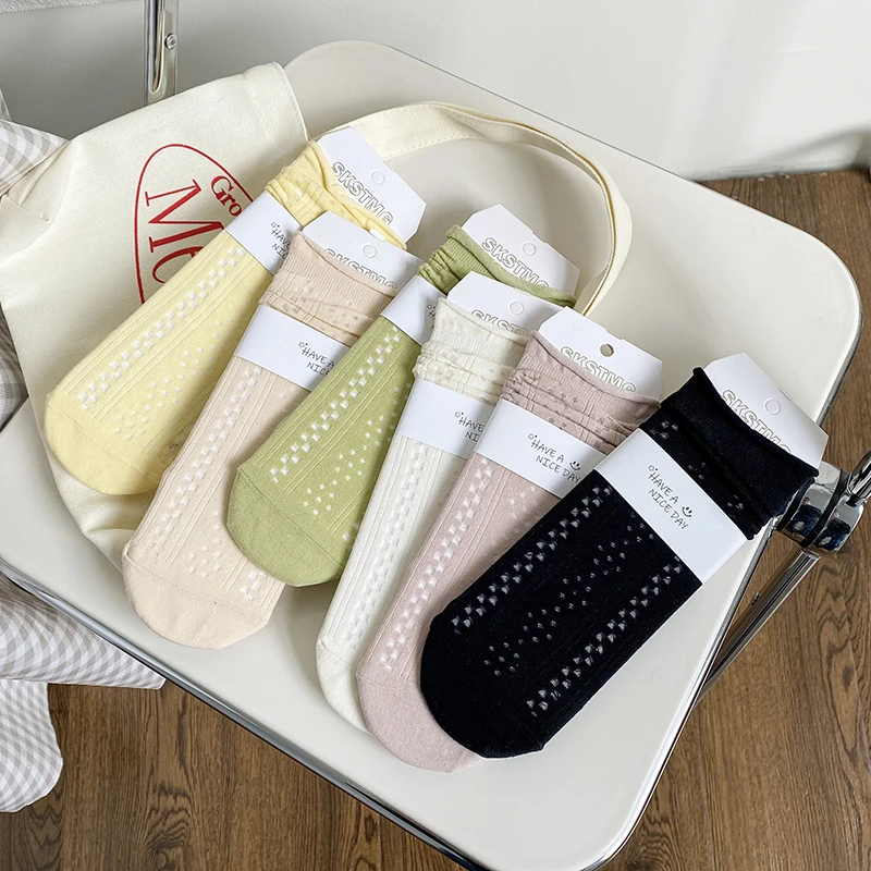 袜子女纯色中筒堆堆袜夏季薄款纯色棉袜镂空透气黑白女士中筒袜