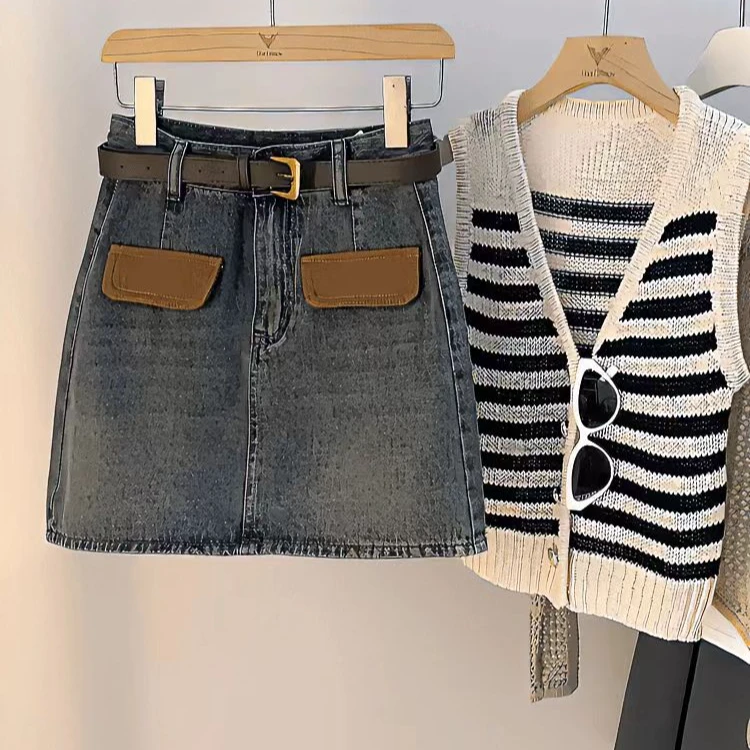 假口袋牛仔短裙女显瘦半身裙小香风新气质高腰短款时尚夏季复古