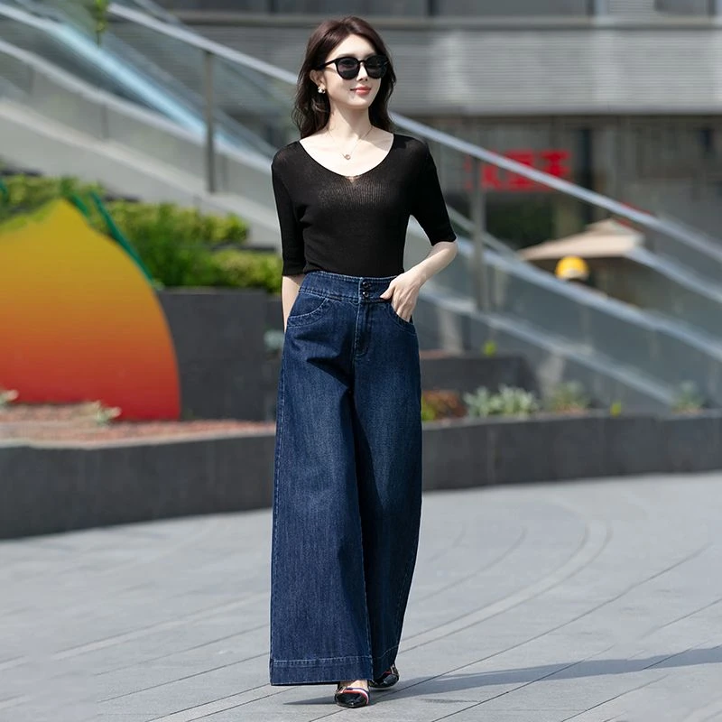 秋冬季新款深蓝阔腿牛仔裤女大码宽松高腰加绒加厚显瘦小个子长裤