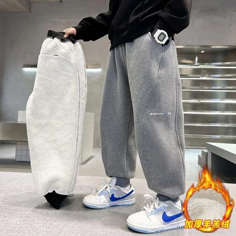 男童冬季一件过冬加厚羊羔绒裤子儿童一体绒运动卫裤大童