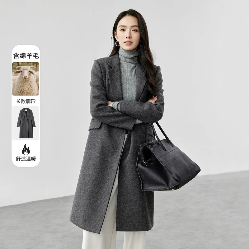 尚都比拉2025新款冬季绵羊毛长款夹棉西装外套大衣56642