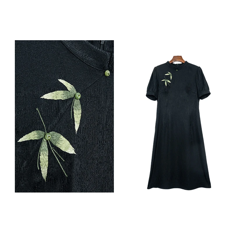 【苏叶】香云纱桑蚕丝连衣裙运动针织时尚休闲夏季黑色复古印花