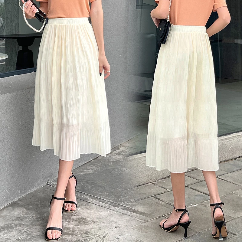 2024免烫百褶半身裙a字碎花裙显瘦高腰仙女裙子女时尚