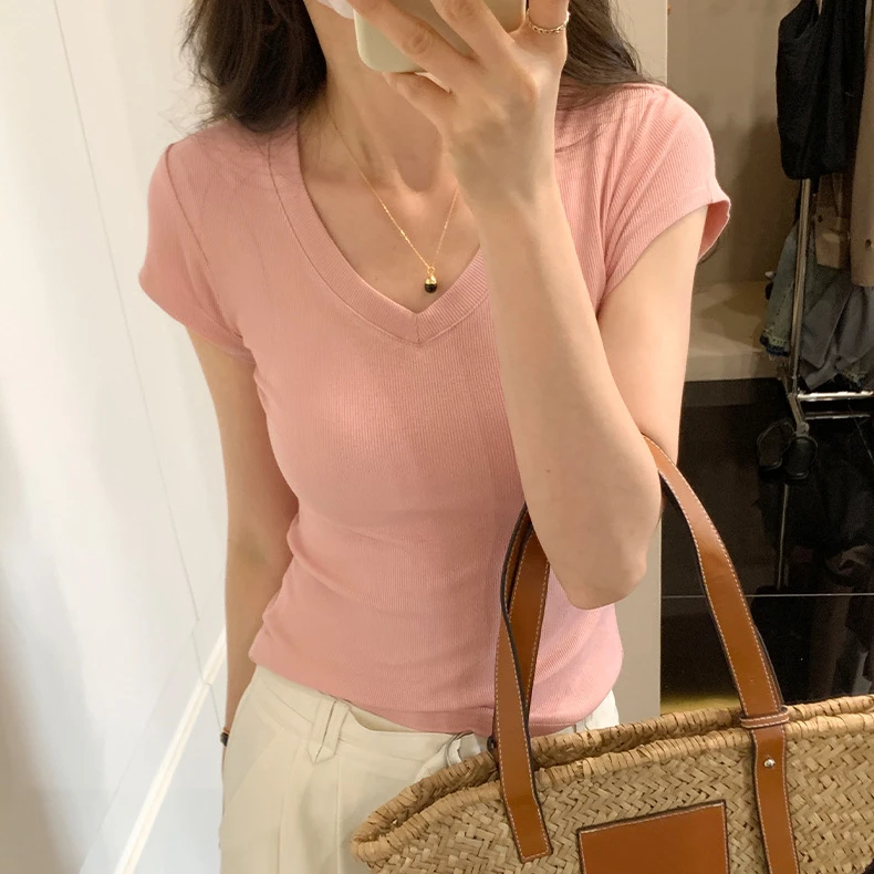 高版本精棉V领纯色短袖T恤女2024夏新款修身显瘦打底短款正肩上衣