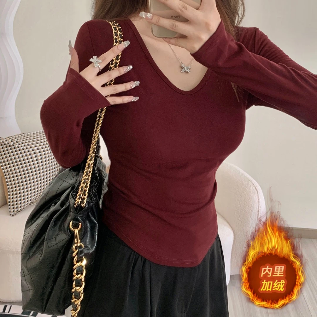 【加绒版本】秋冬v领侧面手工捏褶下摆弧形遮肚子显瘦百搭打底长袖